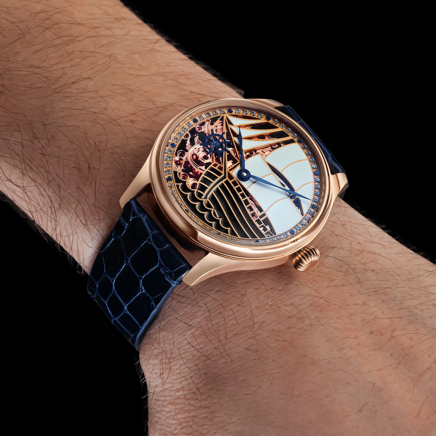 Luxury Skeleton watch with intricate design on a wrist against a dark-blue background