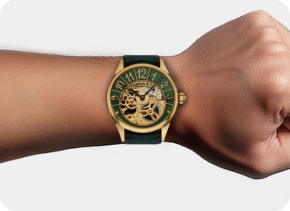 Handmade Skeleton Watch - Emerald Arc