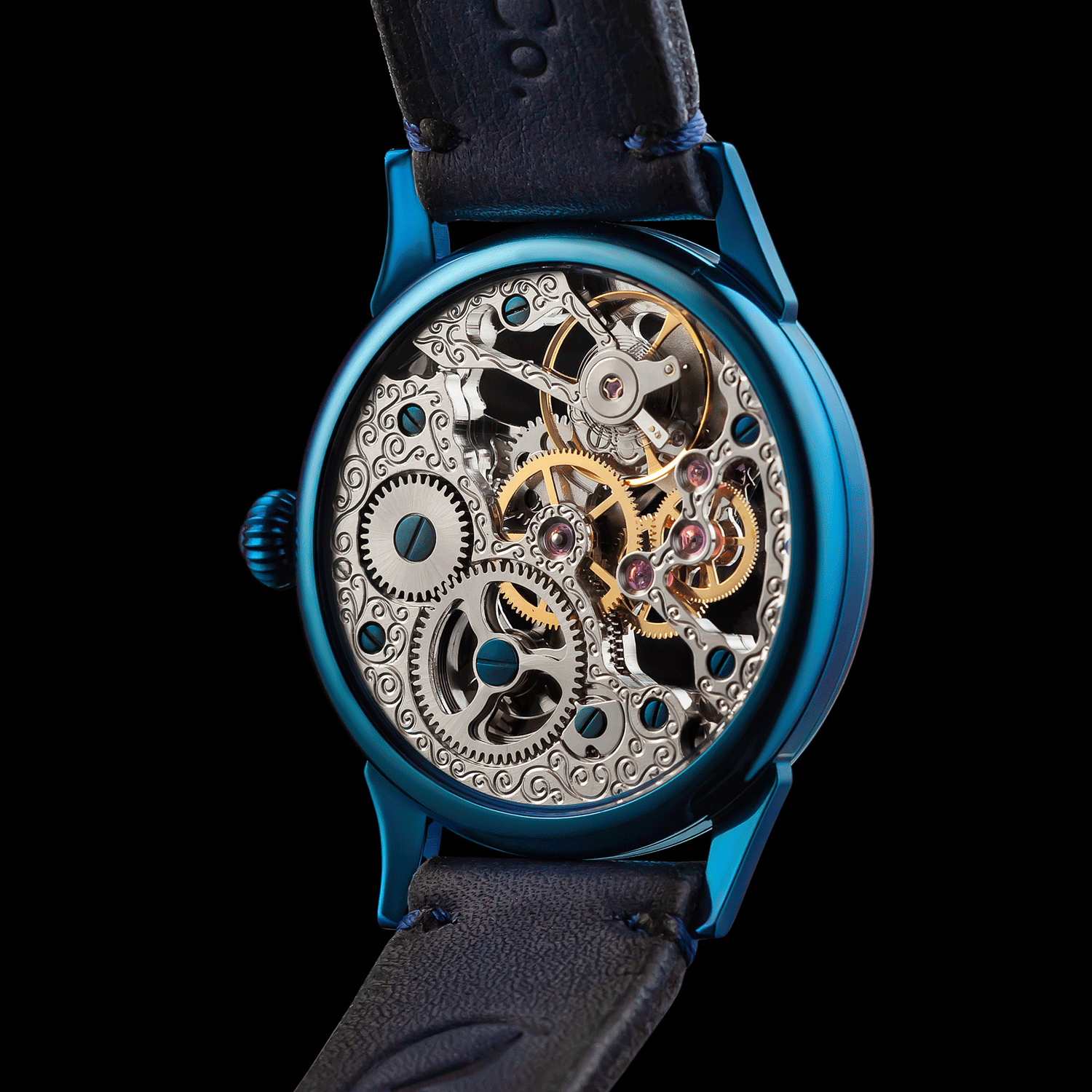 Skeleton Mechanical watch with blue casing and black strap on a black background