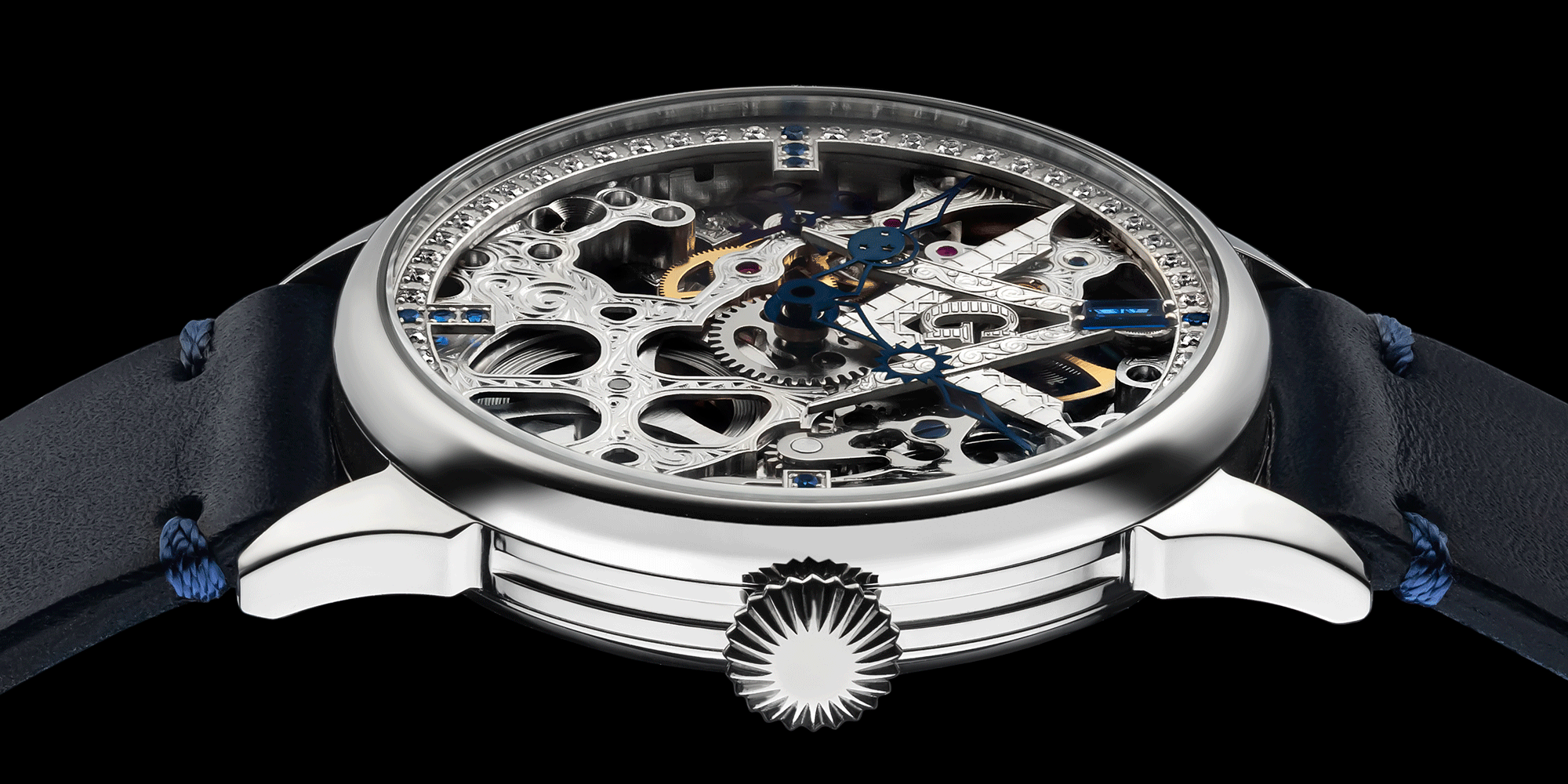 Close-up of skeleton mechanical watch crown
