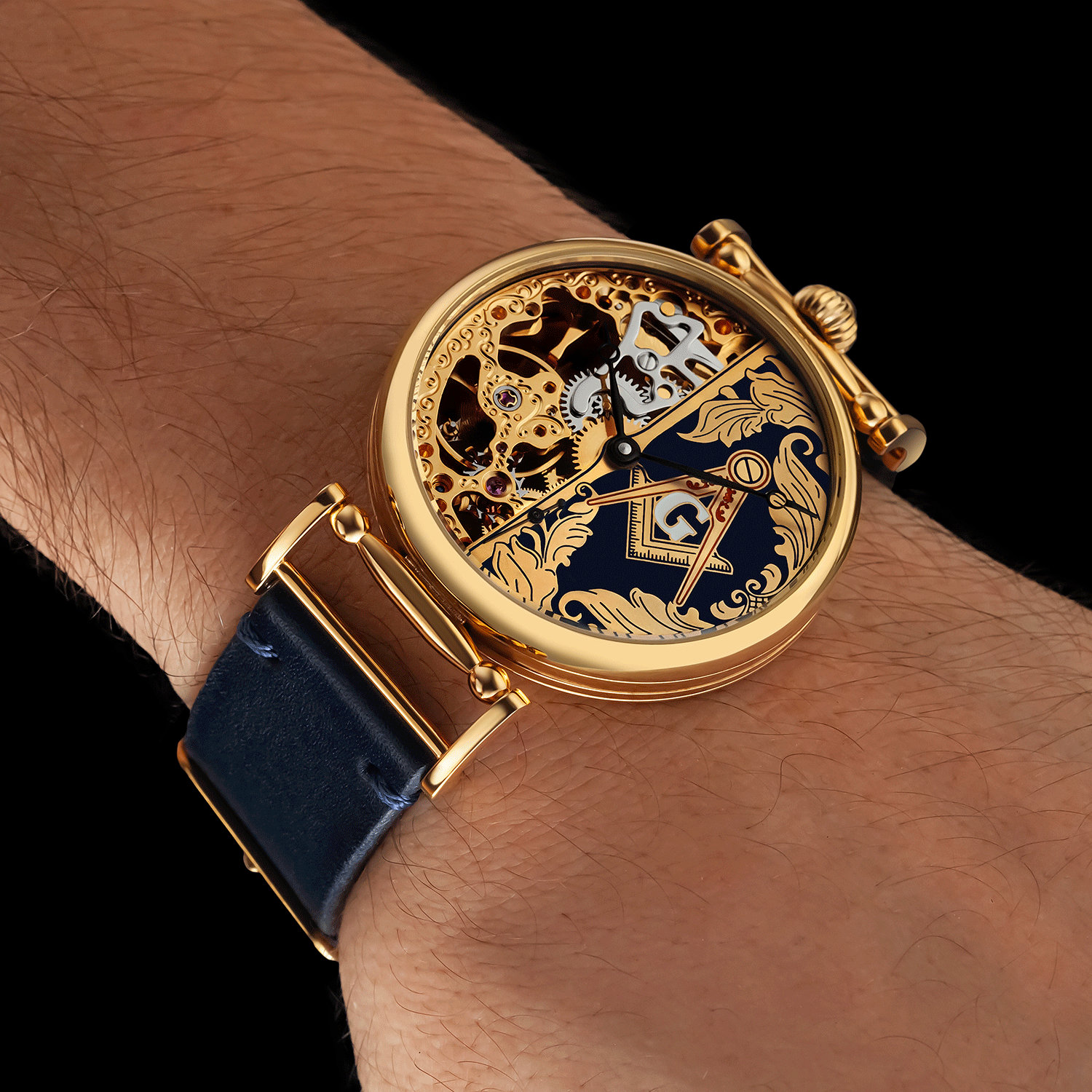 Front view of skeleton watch worn on wrist