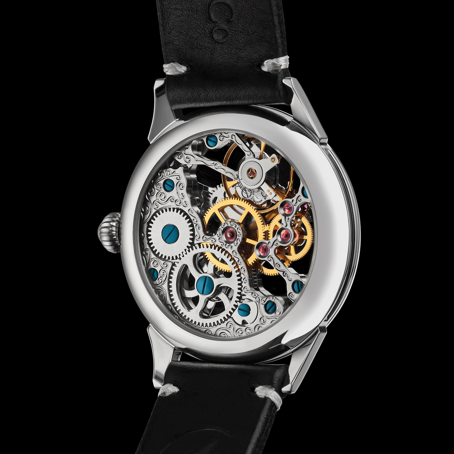 Rear view of skeleton watch  showing open caseback and movement