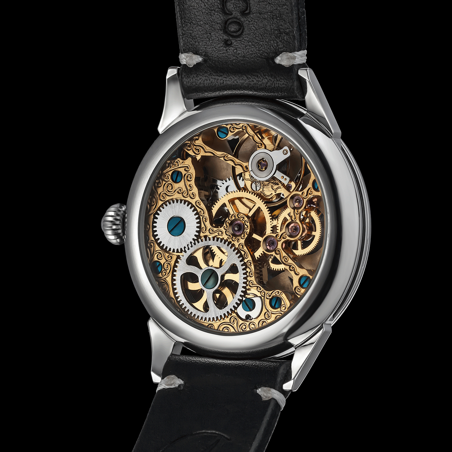 Rear view of skeleton mechanical watch  showing open caseback and movement