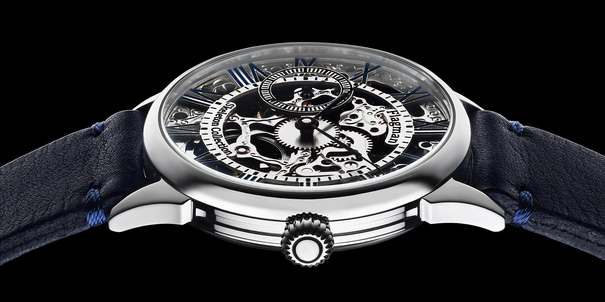 Skeleton watch with intricate design on a black background