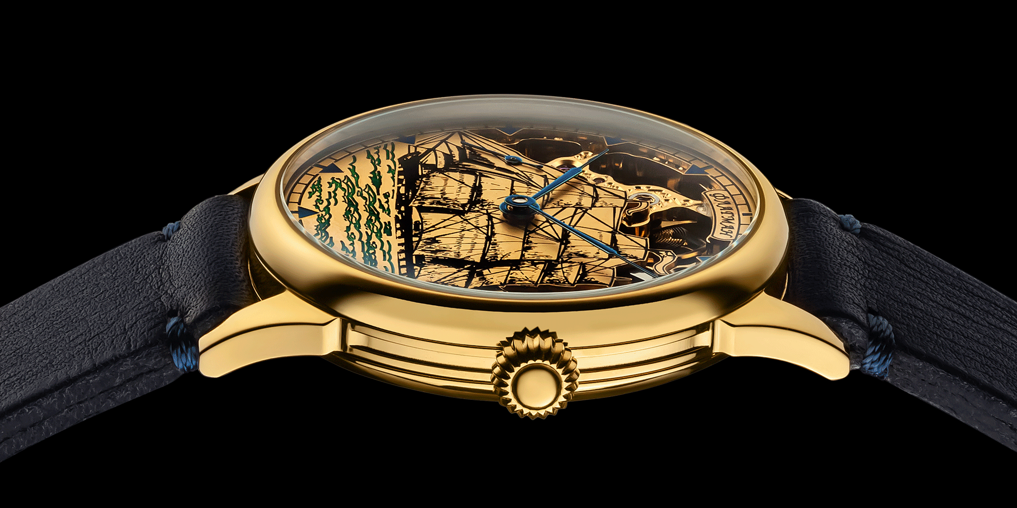 Close-up of skeleton mechanical watch crown