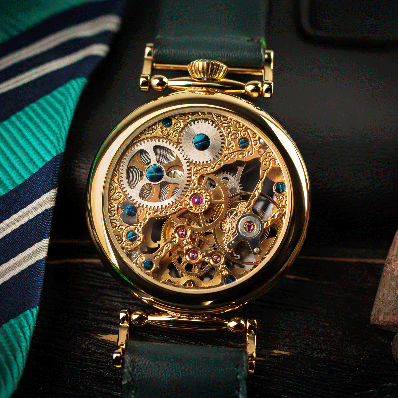 Handmade watch with intricate mechanical details on a dark background