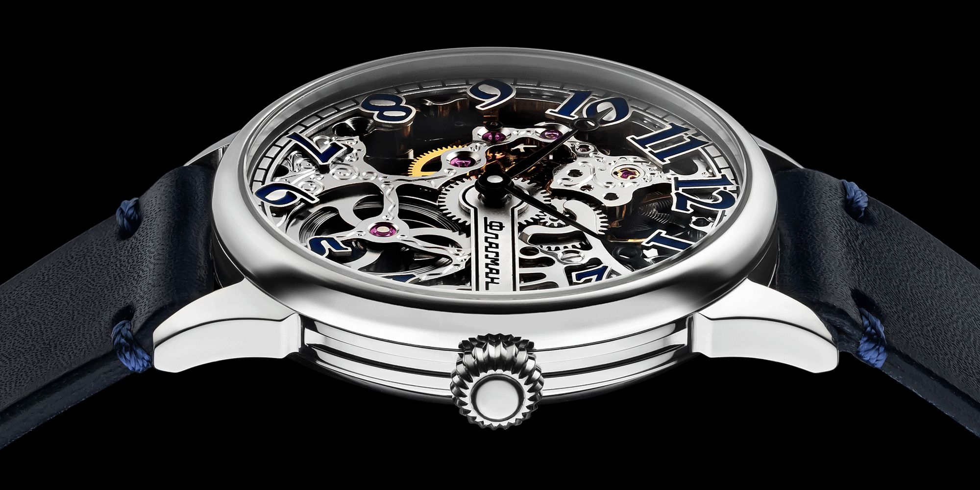 Close-up of skeleton mechanical watch crown