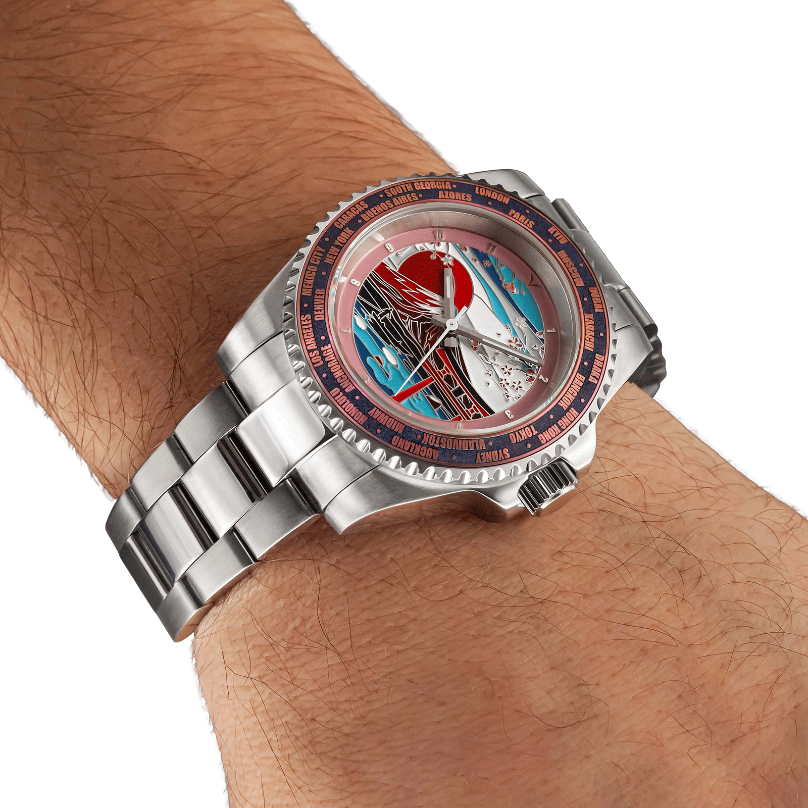 Mechanical watch with a detailed face on a wrist against a white background