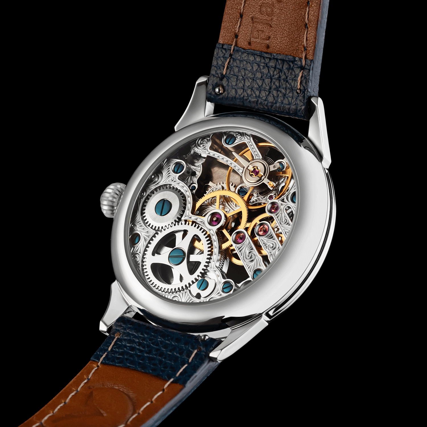 Rear view of skeleton mechanical watch showing open caseback and movement. - Warp