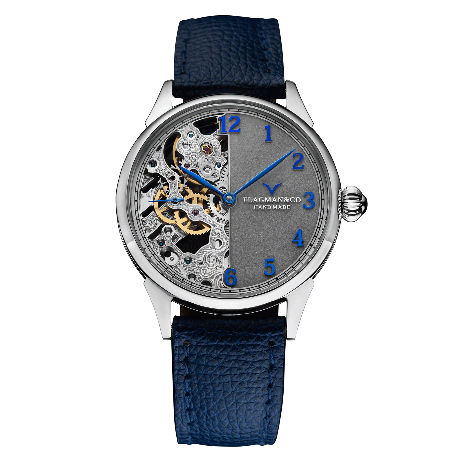 Deep Blue Leather Strap on Skeleton Handmade Watch Warp #color_blue