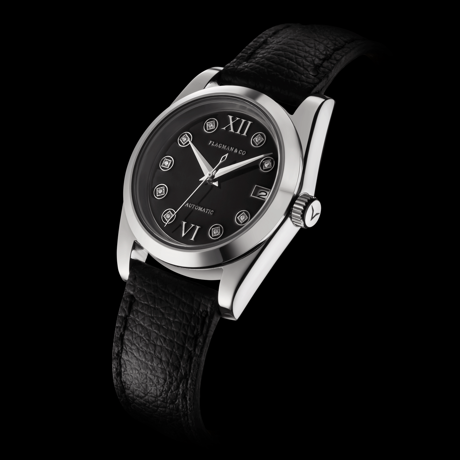 Womens wristwatch with silver case and black leather strap on a white background