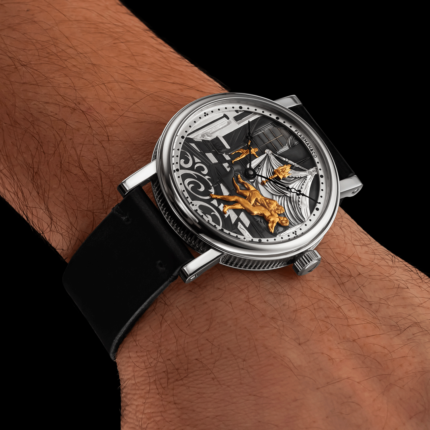Handmade watch with intricate design on a wrist against a black background